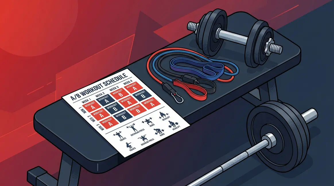 Strength training for beginners workout plan with barbell, dumbbells, and printed schedule