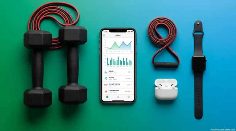Best fitness apps for tracking workouts displayed on smartphone with gym equipment and smartwatch