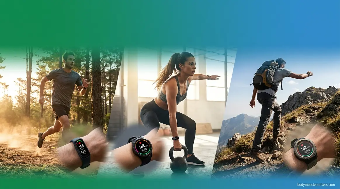 Best fitness tracker watch comparison showing active users wearing Garmin, Fitbit, and Amazfit wearables