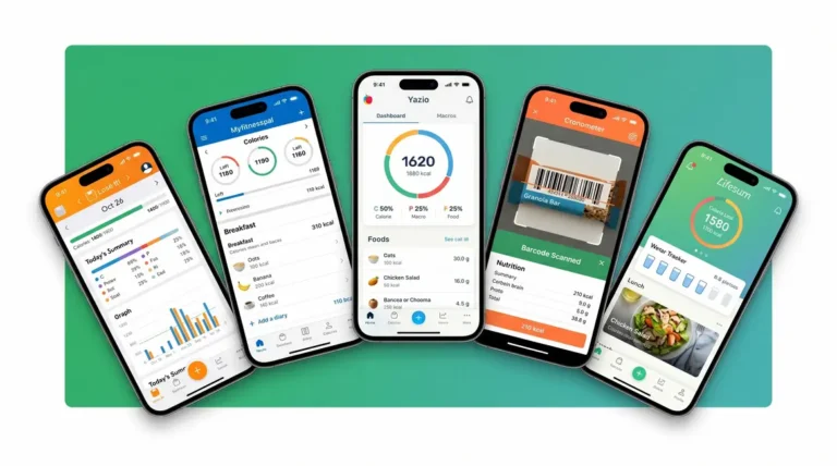 Best food tracking app for beginners showing five app interfaces on smartphones side by side