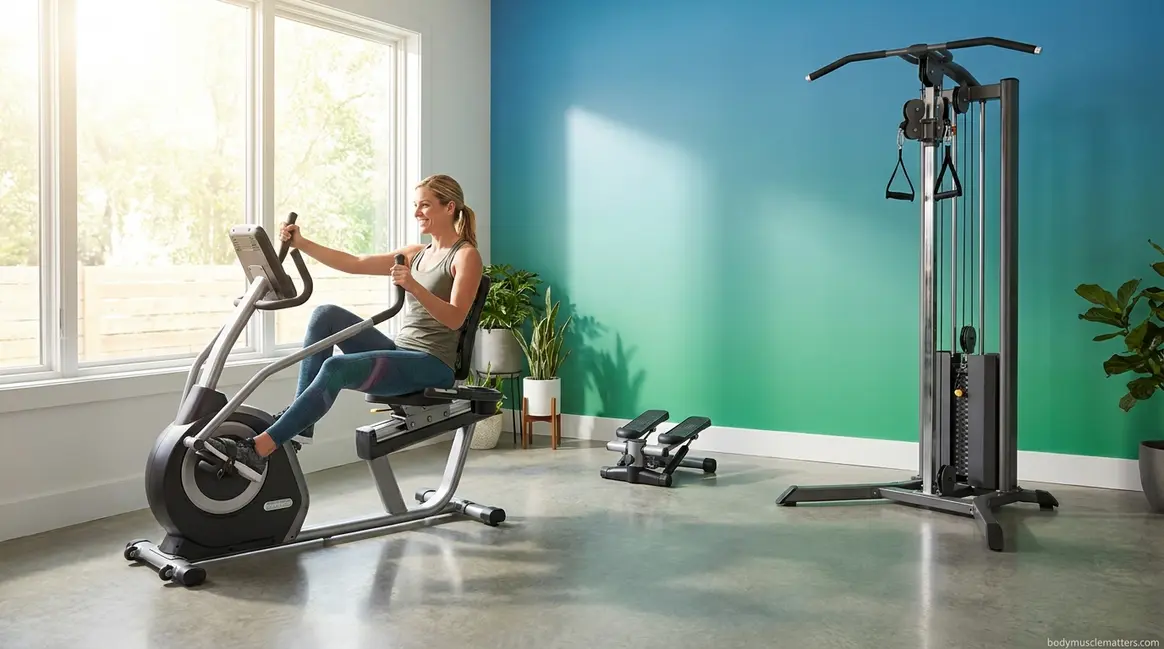 Best gym machines for weight loss arranged in a bright modern home gym setting