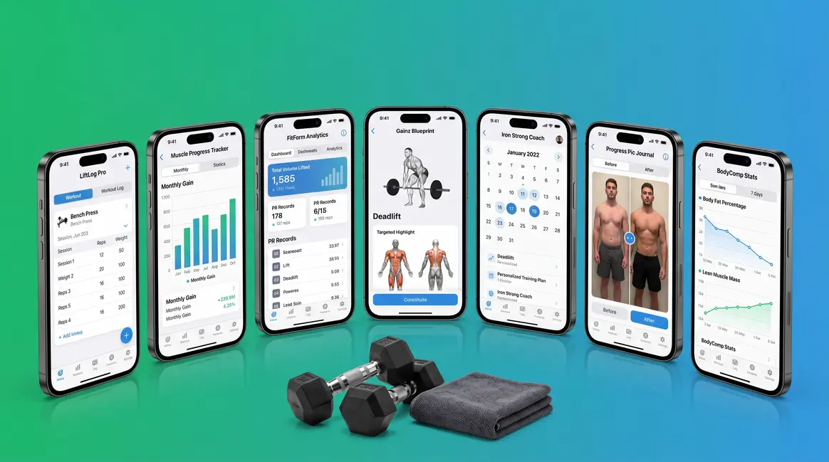 Best muscle building app comparison showing seven fitness apps on smartphones with workout tracking screens