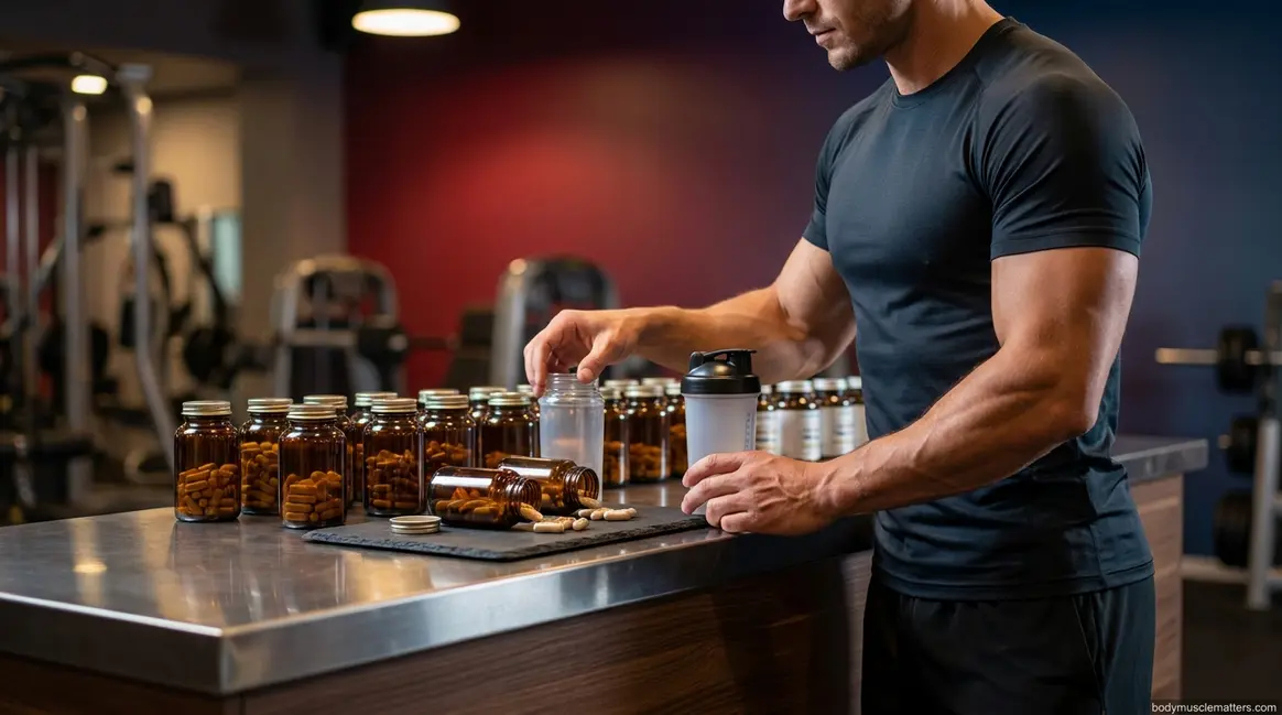 Natural bodybuilder reviewing best natural bodybuilding supplements at gym station