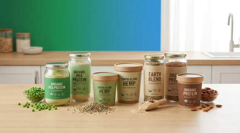 Best plant-based protein powder options displayed with natural pea hemp and almond ingredients