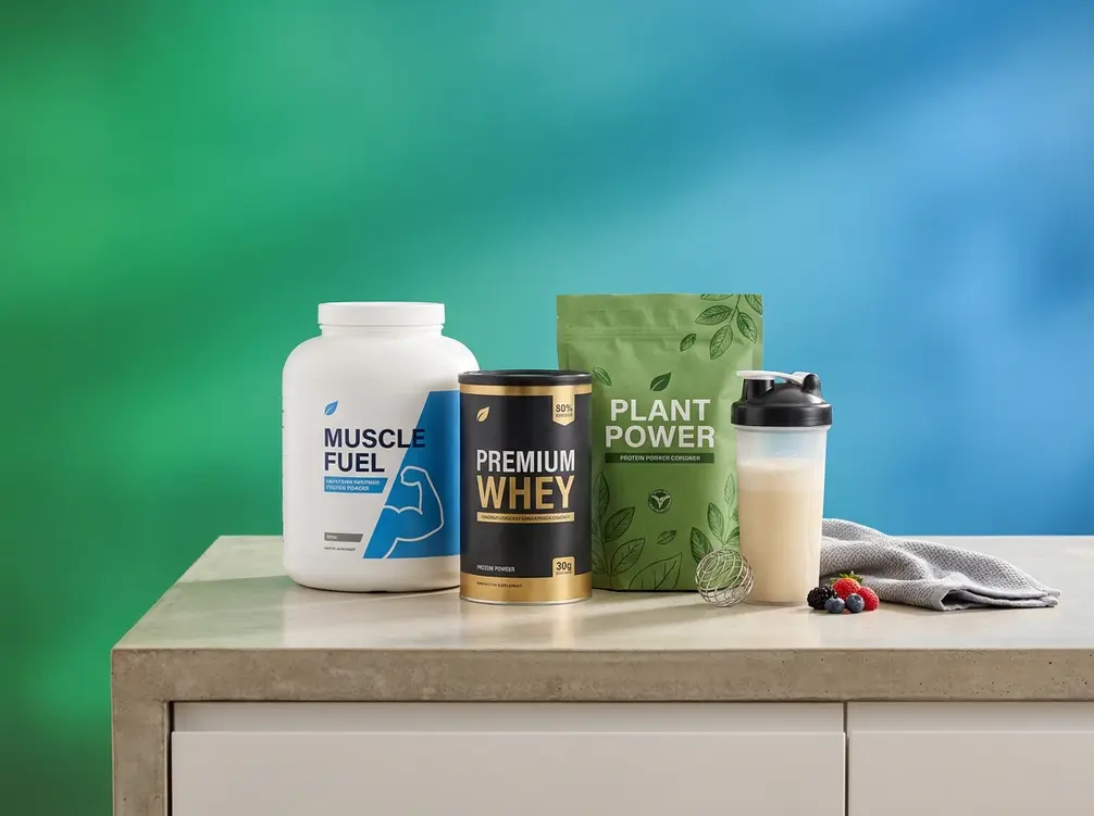 Best protein powder for muscle growth — selection of whey and plant-based protein tubs on gym counter
