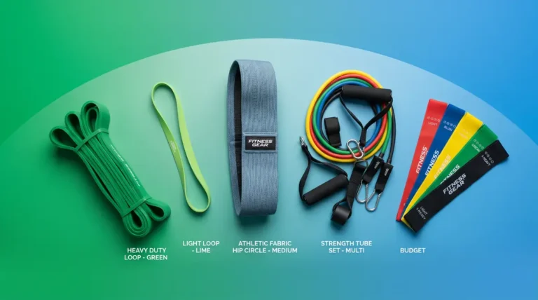 Best resistance bands for strength training showing loop, fabric, and tube band types arranged professionally