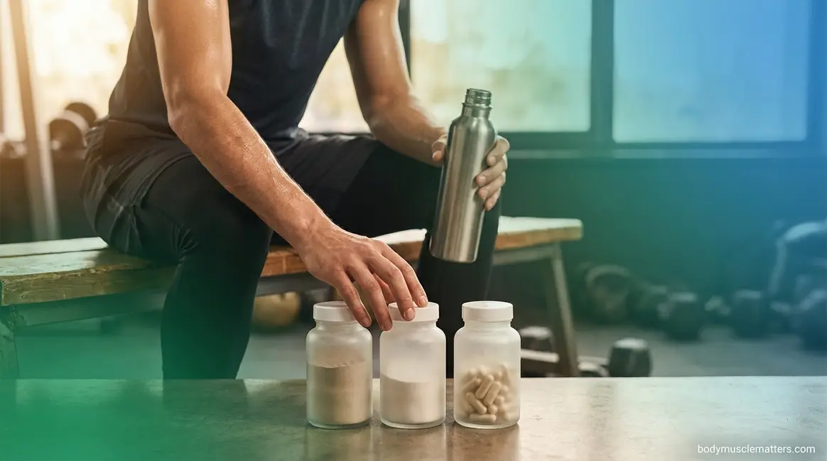 Best supplements for muscle recovery arranged on gym bench after workout session