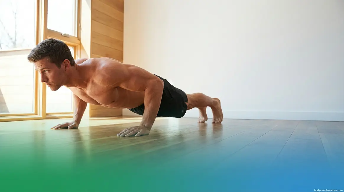 Person doing a push-up at home showing how to build muscle without weights