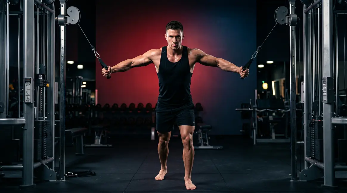 Athlete performing cable machine exercises for muscle building in a commercial gym