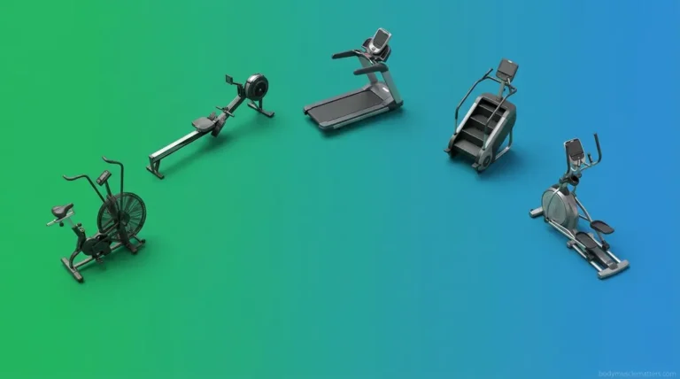 Five cardio machines ranked by calorie burn comparison including air bike rowing machine treadmill stair climber elliptical