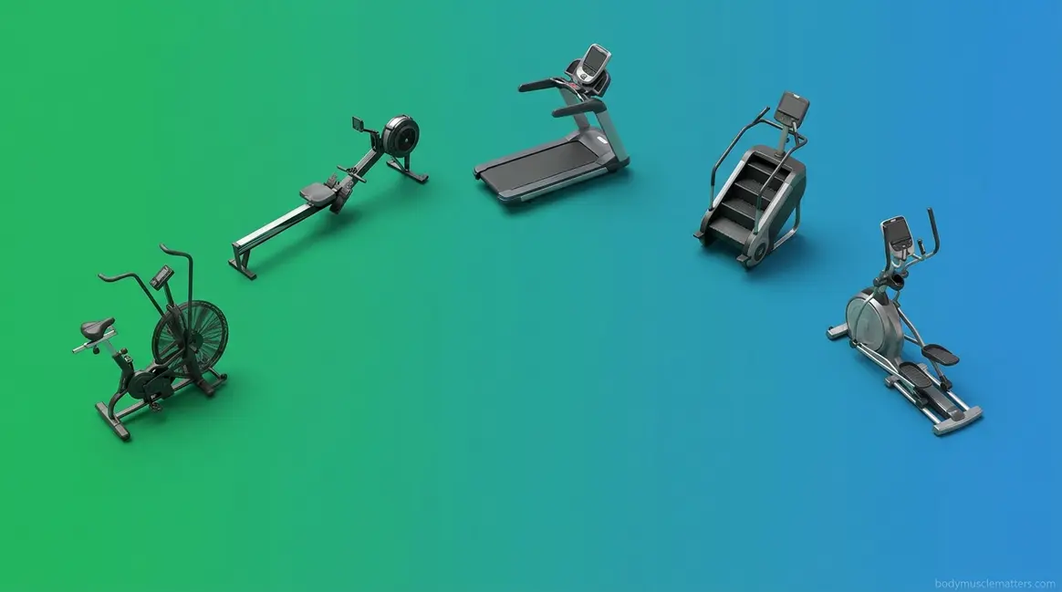 Five cardio machines ranked by calorie burn comparison including air bike rowing machine treadmill stair climber elliptical