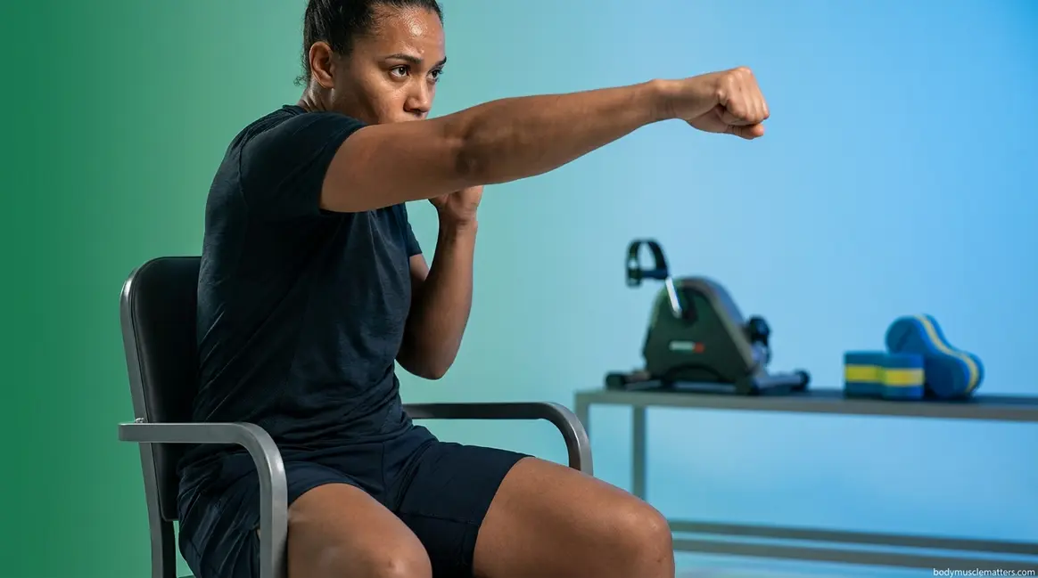 Person doing cardio without using legs performing seated boxing punches in athletic wear