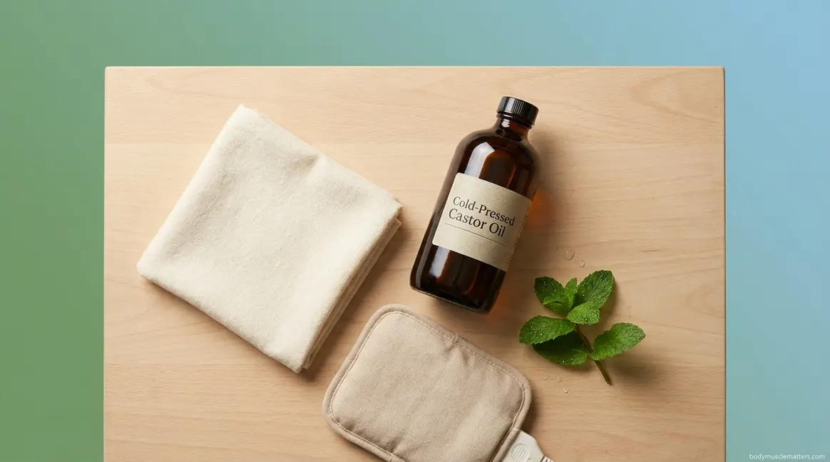 Castor oil for muscle pain setup with flannel cloth, heating pad, and peppermint leaves