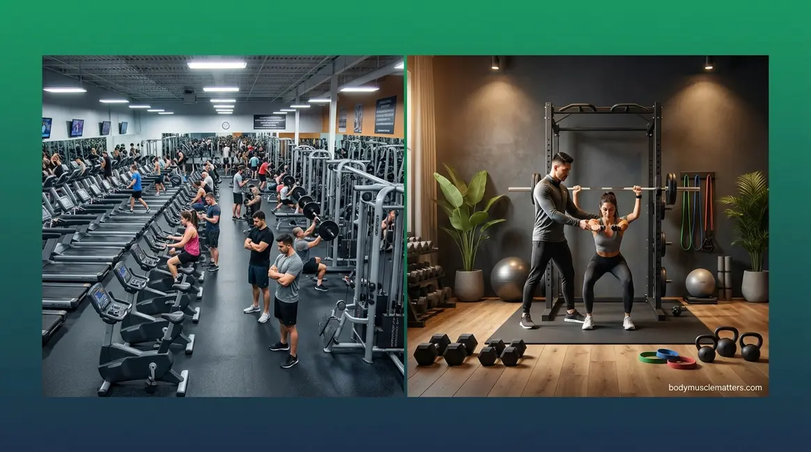 Commercial gym vs private gym side-by-side comparison showing crowded floor versus intimate coaching studio