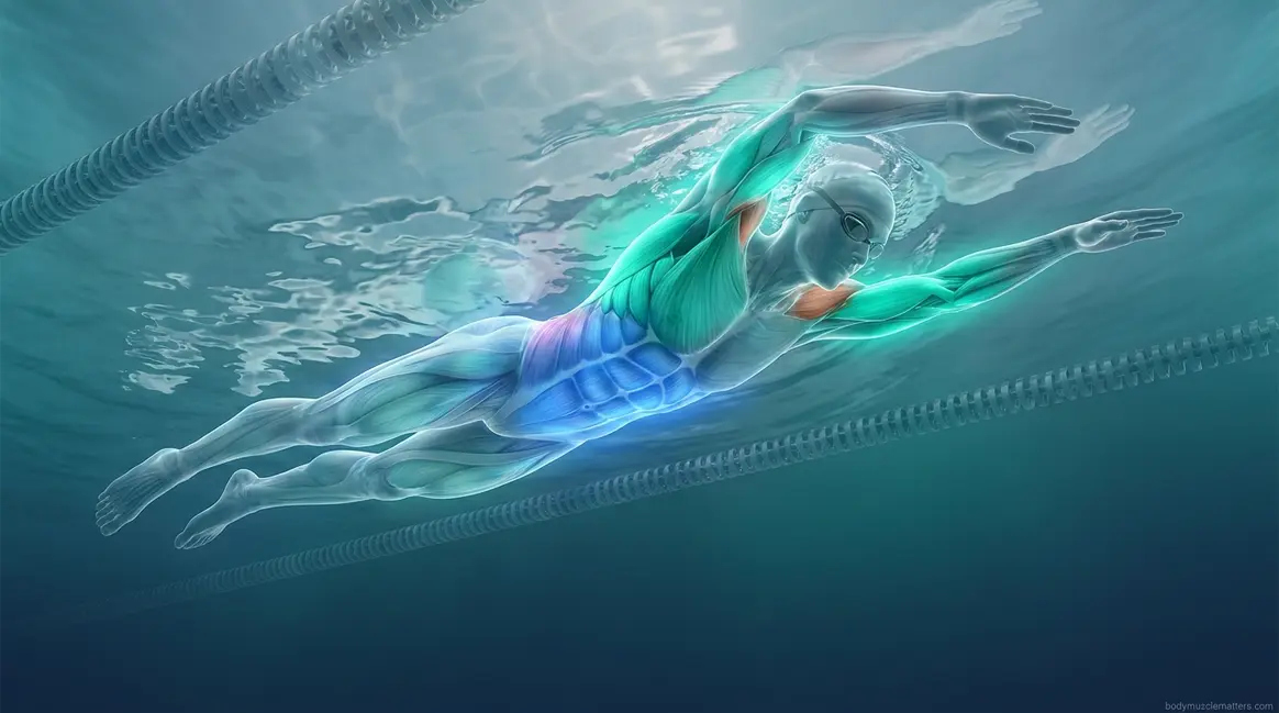 Muscles used in freestyle swimming shown on anatomical swimmer mid-stroke in pool