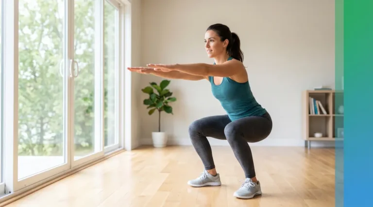Full body home workout no equipment — person doing bodyweight squat in bright living room