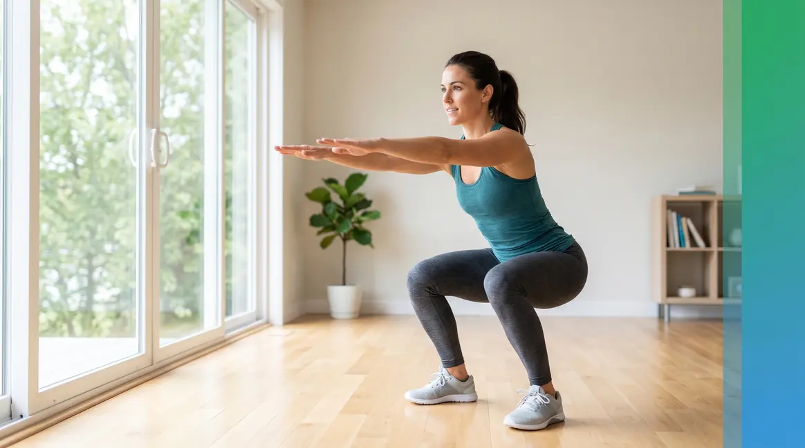 Full body home workout no equipment — person doing bodyweight squat in bright living room