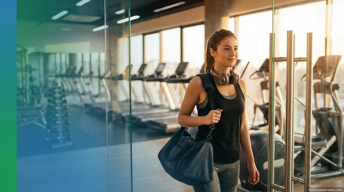 Beginner woman going to the gym alone for the first time with gym bag and headphones