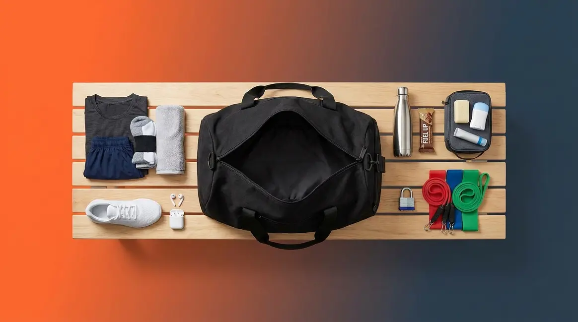Gym bag essentials laid out in five zones including clothes, shoes, water bottle, lock, and toiletries