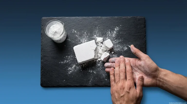What is gym chalk made of — magnesium carbonate block and powder on dark surface