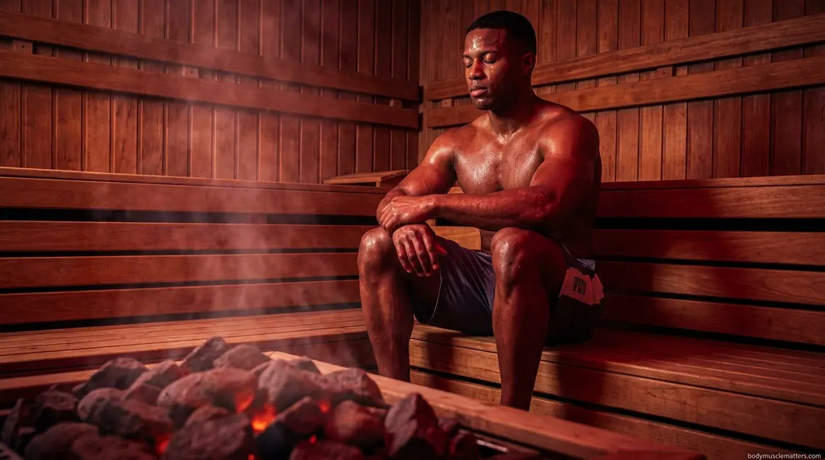Gym sauna benefits after workout shown by athlete recovering in wooden sauna with steam rising