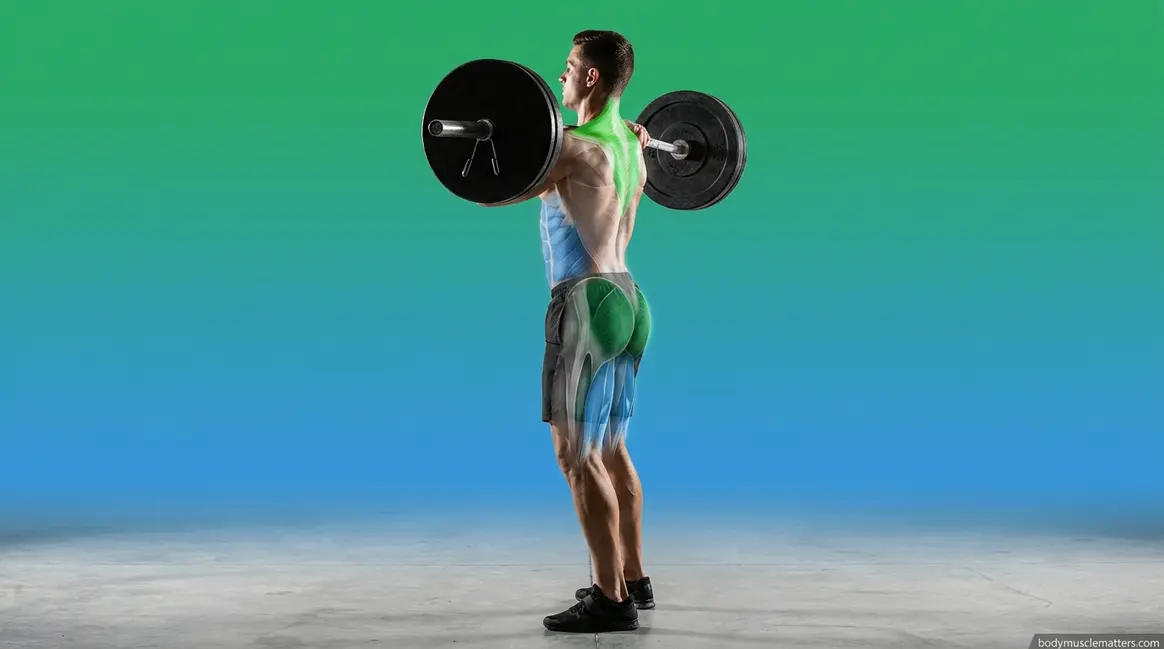 Hang clean muscles worked anatomy diagram showing glutes hamstrings trapezius and core activation