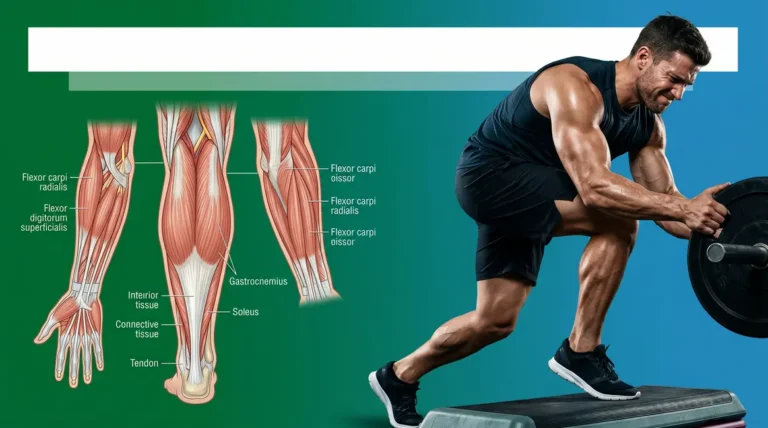 Anatomical illustration of the hardest muscles to build including calves and forearms with fitness training background