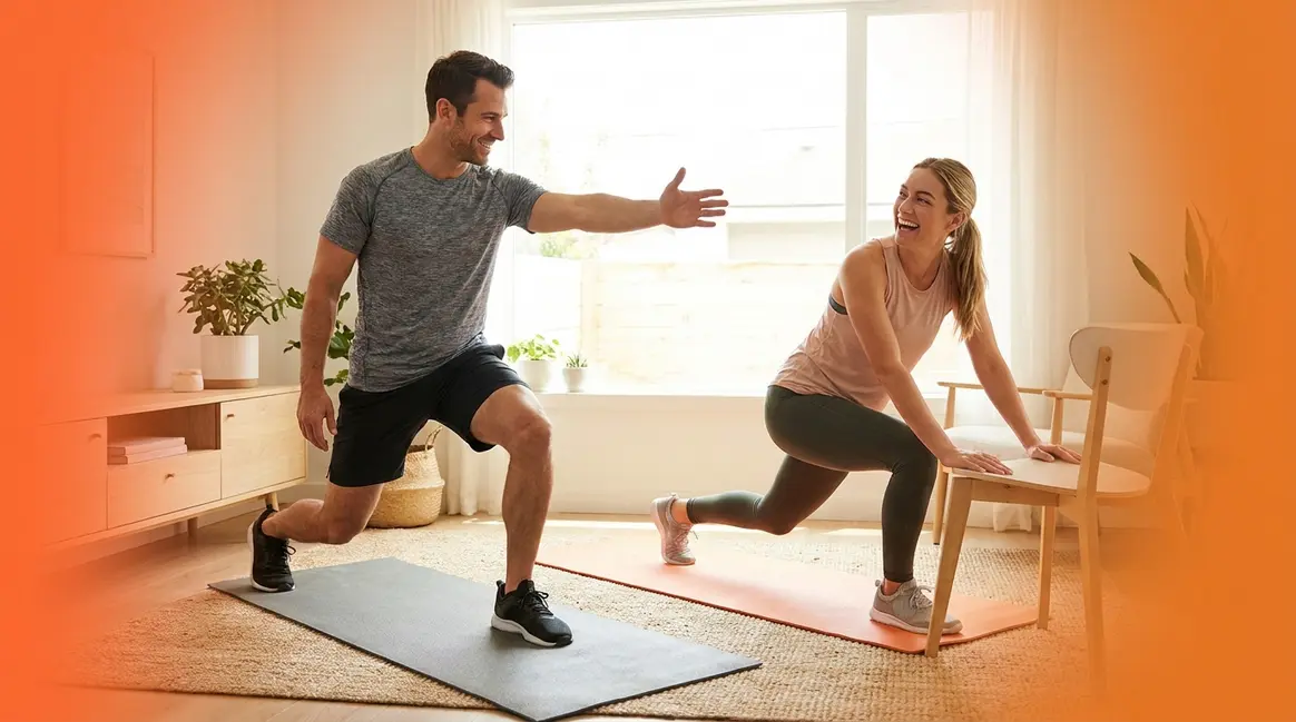 HASfit home workouts — Coach Kozak and Claudia exercising together in a bright living room