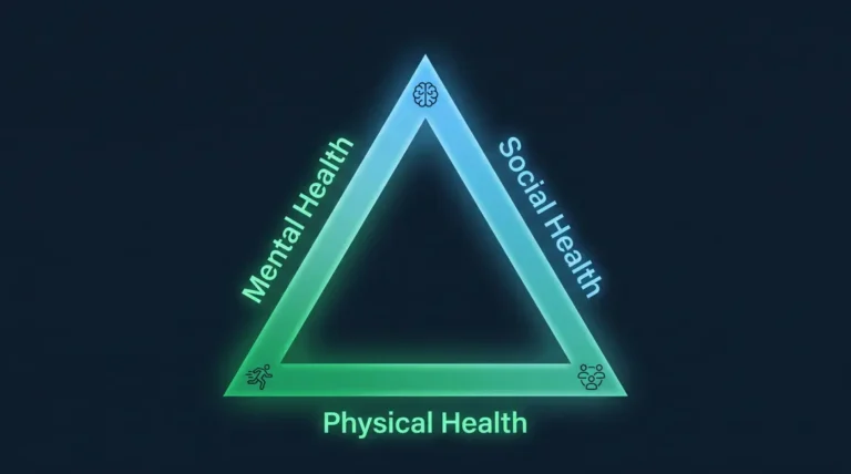 Health triangle diagram showing physical, mental, and social health as three equal interconnected pillars of well-being