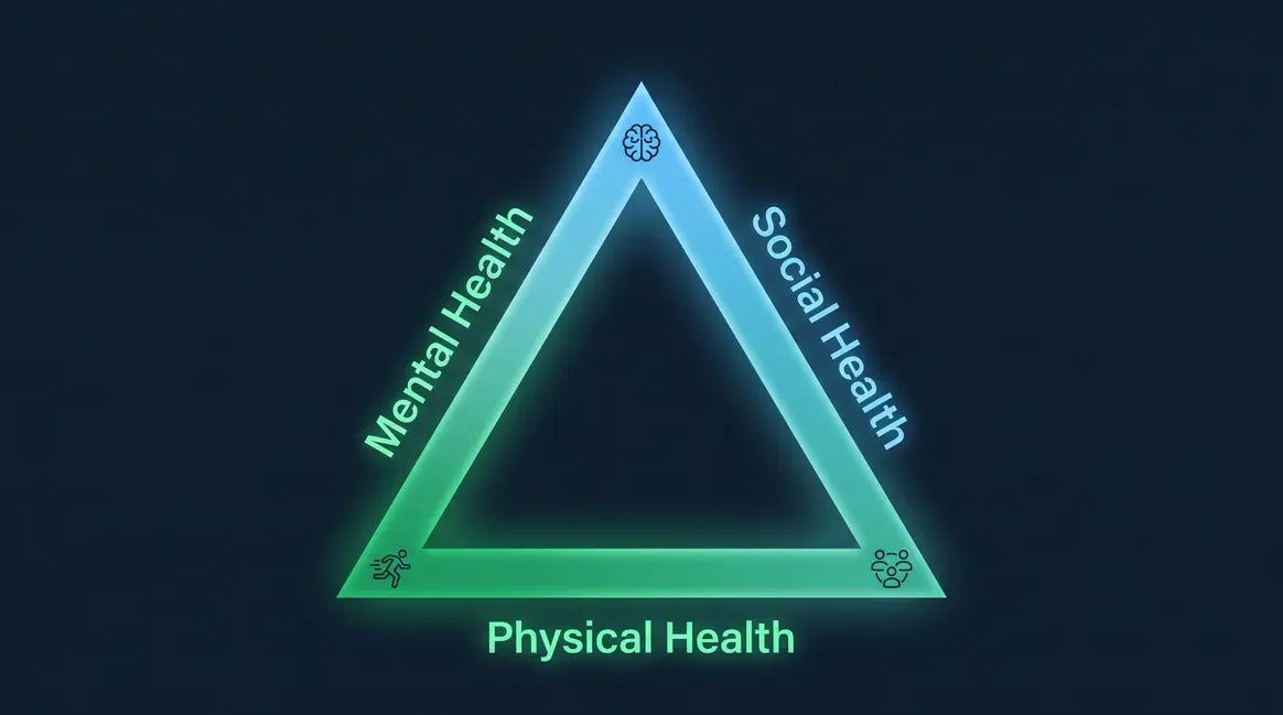 Health triangle diagram showing physical, mental, and social health as three equal interconnected pillars of well-being