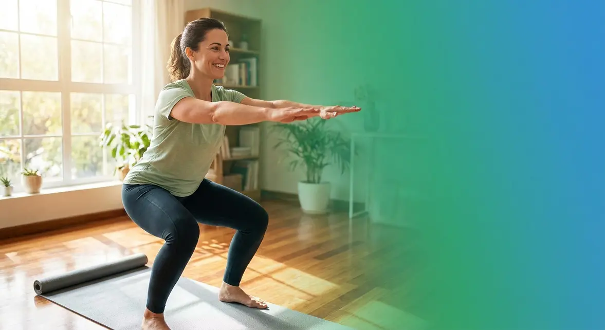 Beginner doing a bodyweight squat at home as part of a no-equipment workout plan