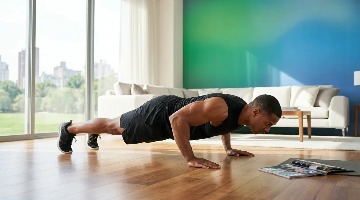 Home workouts to build muscle without weights — person performing push-up in living room