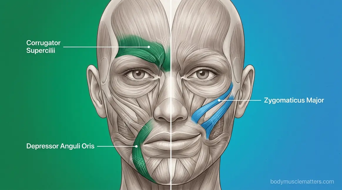 How many muscles does it take to frown versus smile anatomical face diagram