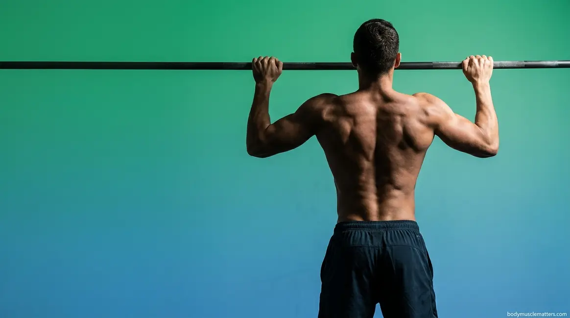 How to build back muscles shown by athlete with defined V-taper performing pull-up
