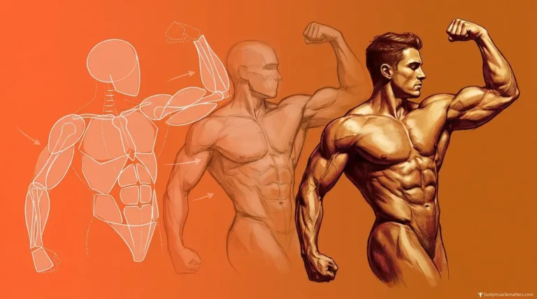 How to draw muscles step by step showing geometric shapes transforming into a shaded muscular figure