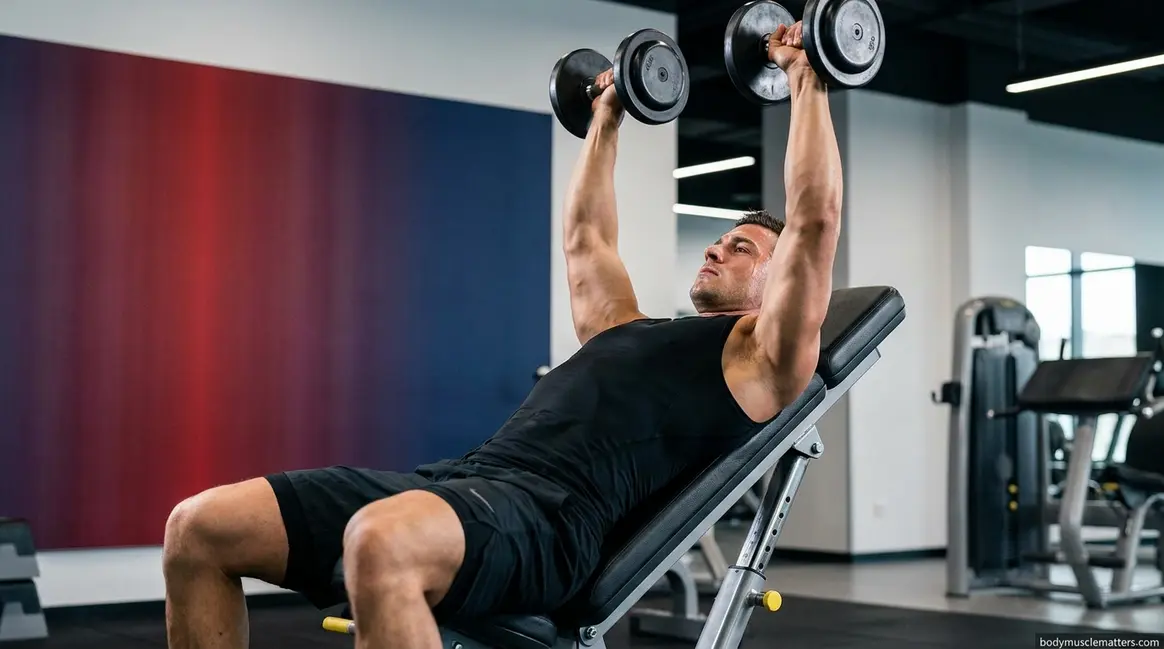 Incline dumbbell press benefits shown by athlete pressing dumbbells on 30-degree bench