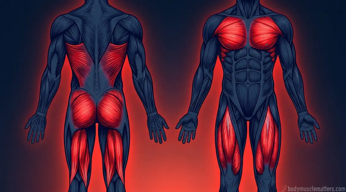 Illustrated anatomy of the largest muscles in the human body highlighted in red