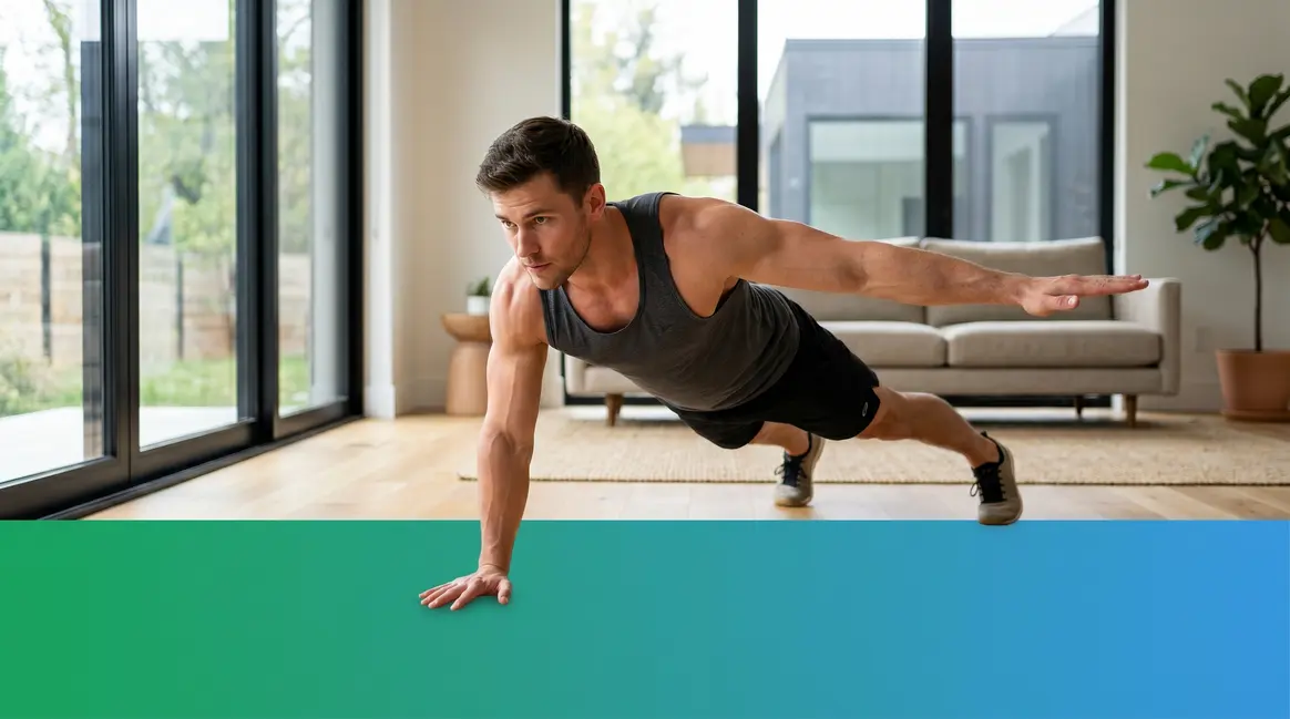 Muscle building workouts at home no equipment — man performing archer push-up on hardwood floor