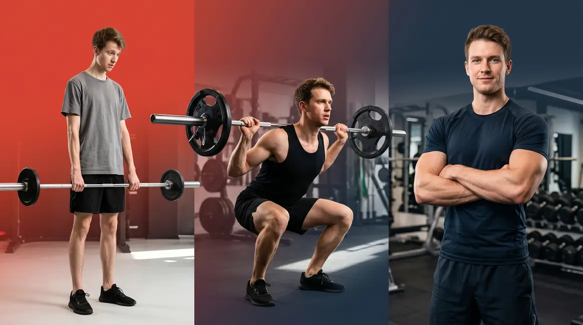 Muscle building transformation stories showing three-stage physique progression from thin to muscular