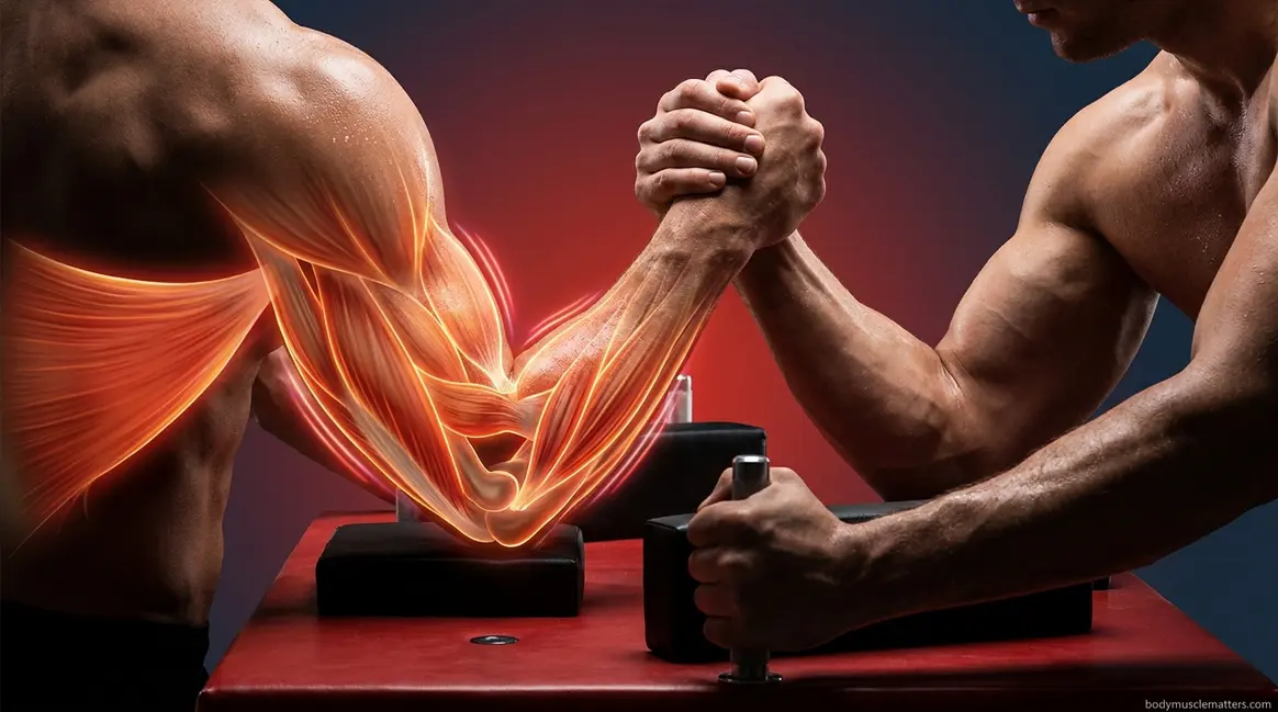 Muscles used in arm wrestling shown in anatomical overlay on locked forearms at competition table