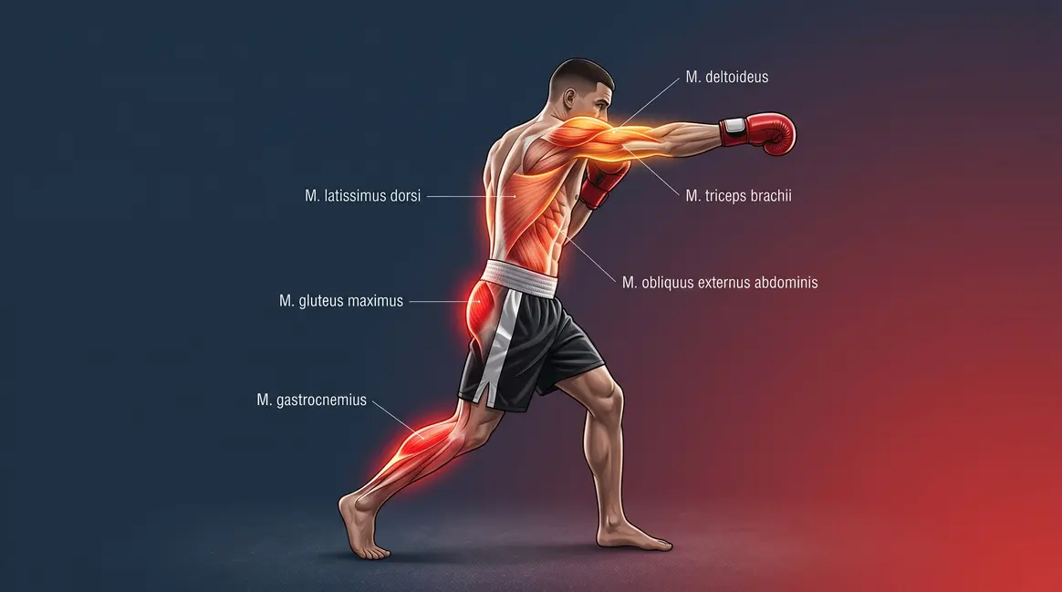 Full-body diagram showing muscles used in boxing from calves to fist kinetic chain