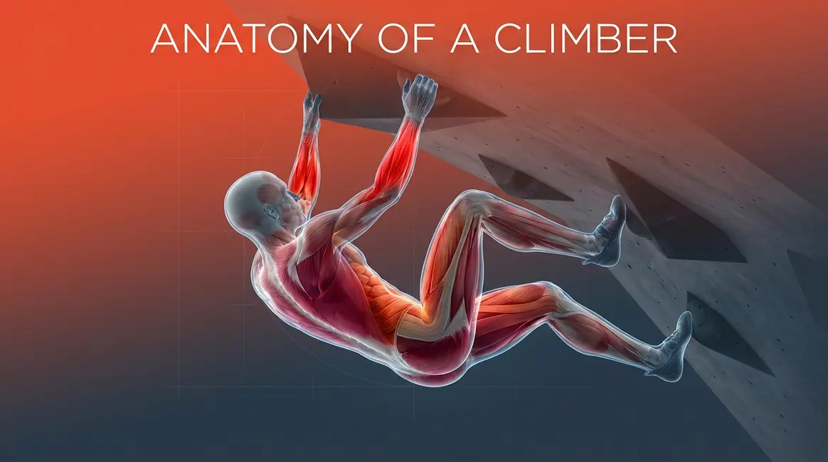 Muscles used in rock climbing full body anatomy diagram showing all major muscle zones