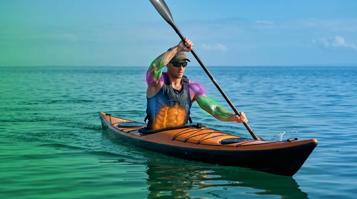 Kayaker mid-stroke showing muscles used in kayaking including core, lats, and shoulders