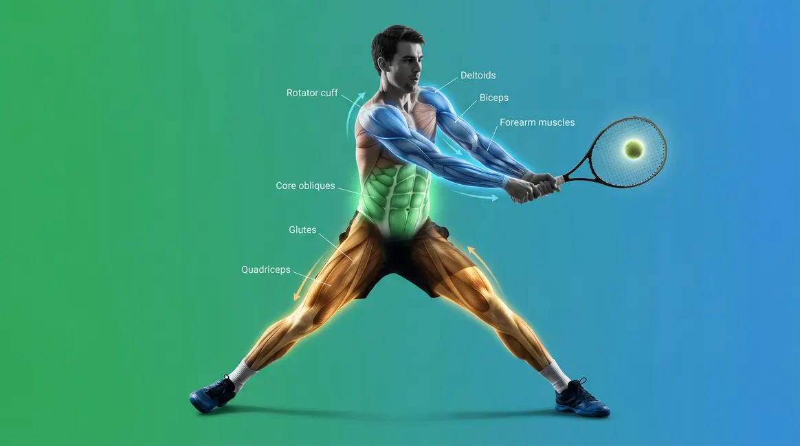 Anatomical illustration showing muscles used in tennis across the full kinetic chain from legs to arm