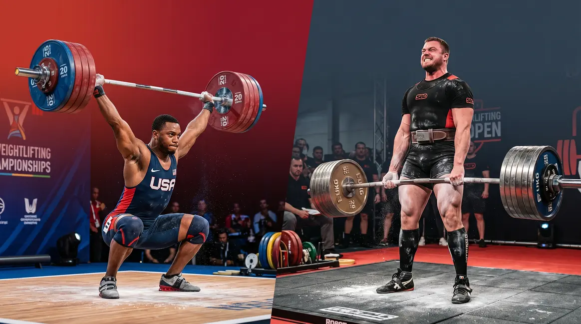 Olympic weightlifting vs powerlifting athlete split comparison on competition platform