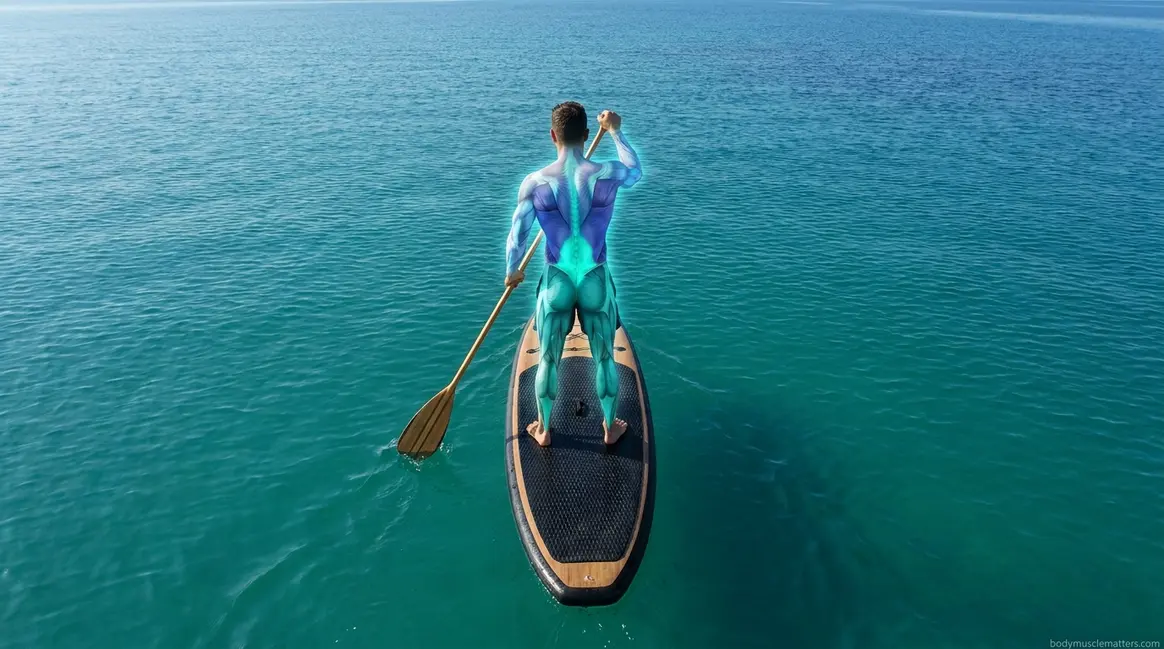 Anatomical illustration showing muscles used in paddleboarding highlighted across full body during stroke