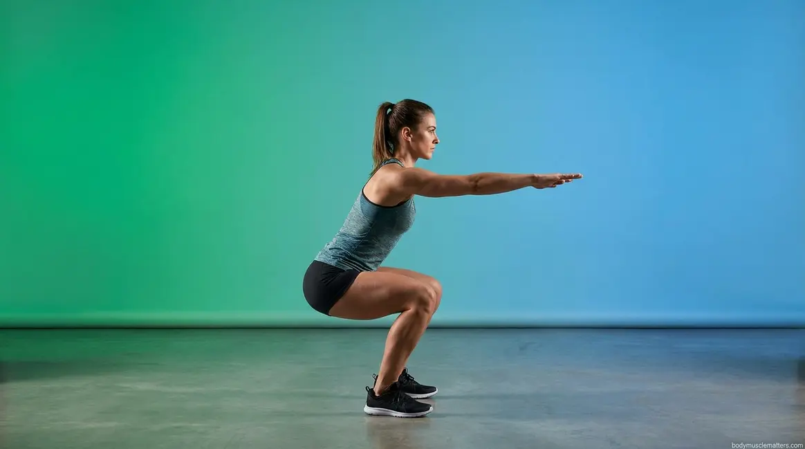 Proper squat form side view showing neutral spine and knees tracking over toes