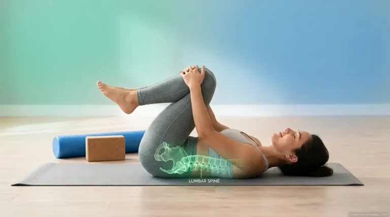 Person performing lower back stretch on yoga mat to relieve tight lower back muscles at home