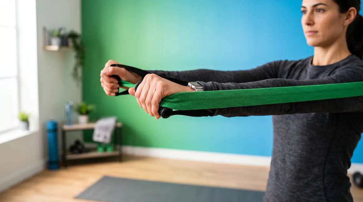 How to use resistance bands for beginners — person stretching green band at home