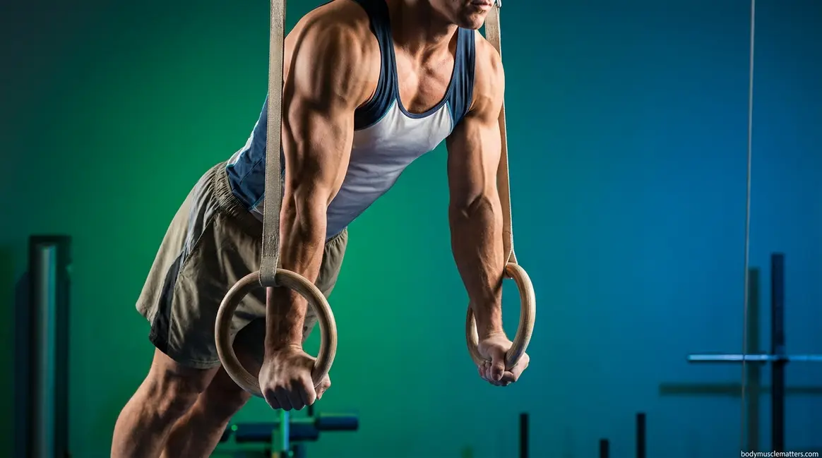 How to do a ring muscle up — athlete performing transition phase above gymnastic rings